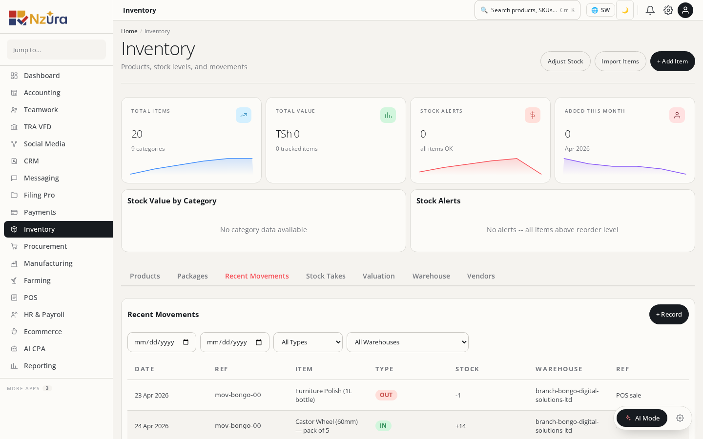 Inventory stock movements