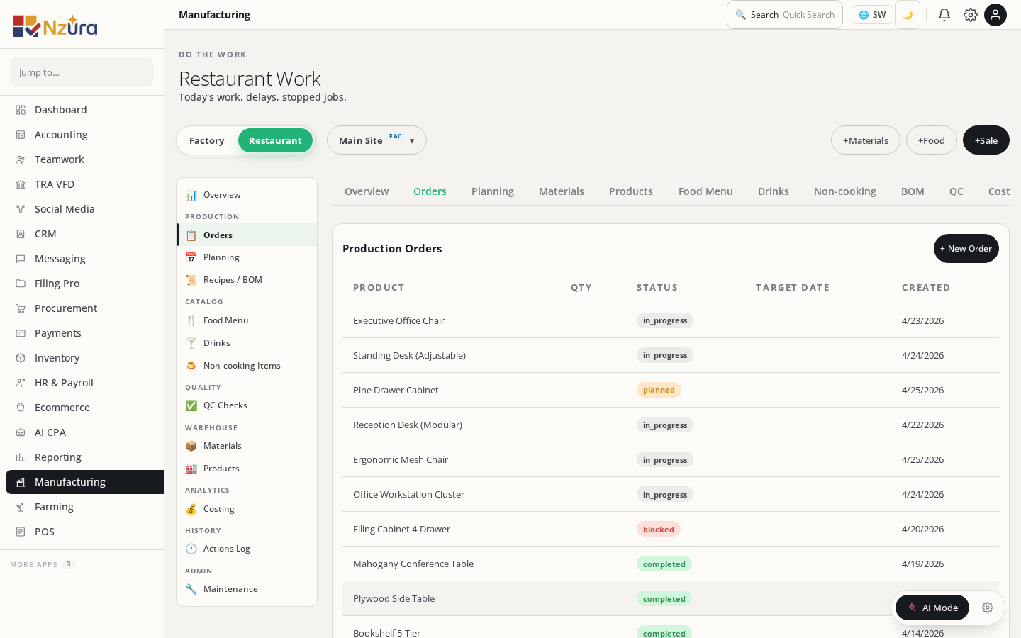 Manufacturing — production orders and BOM