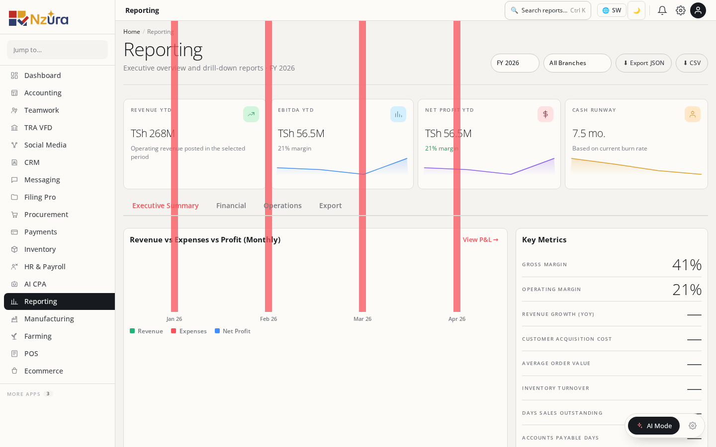 Reporting executive dashboard