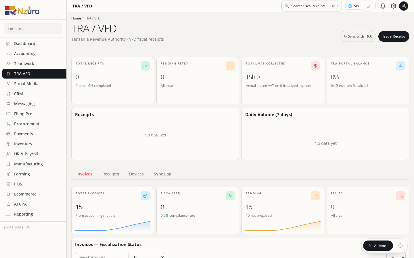 TRA VFD dashboard showing receipts, fiscalization status, and invoice tracking